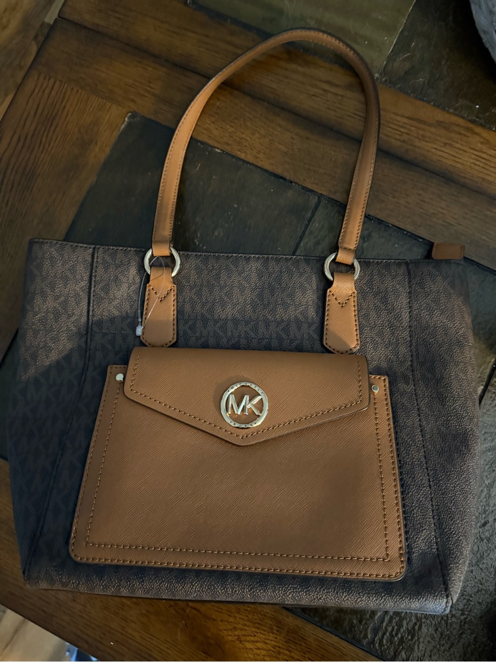 Michael Kors Joey medium Brown Monogram Tote with Tan Front Pocket